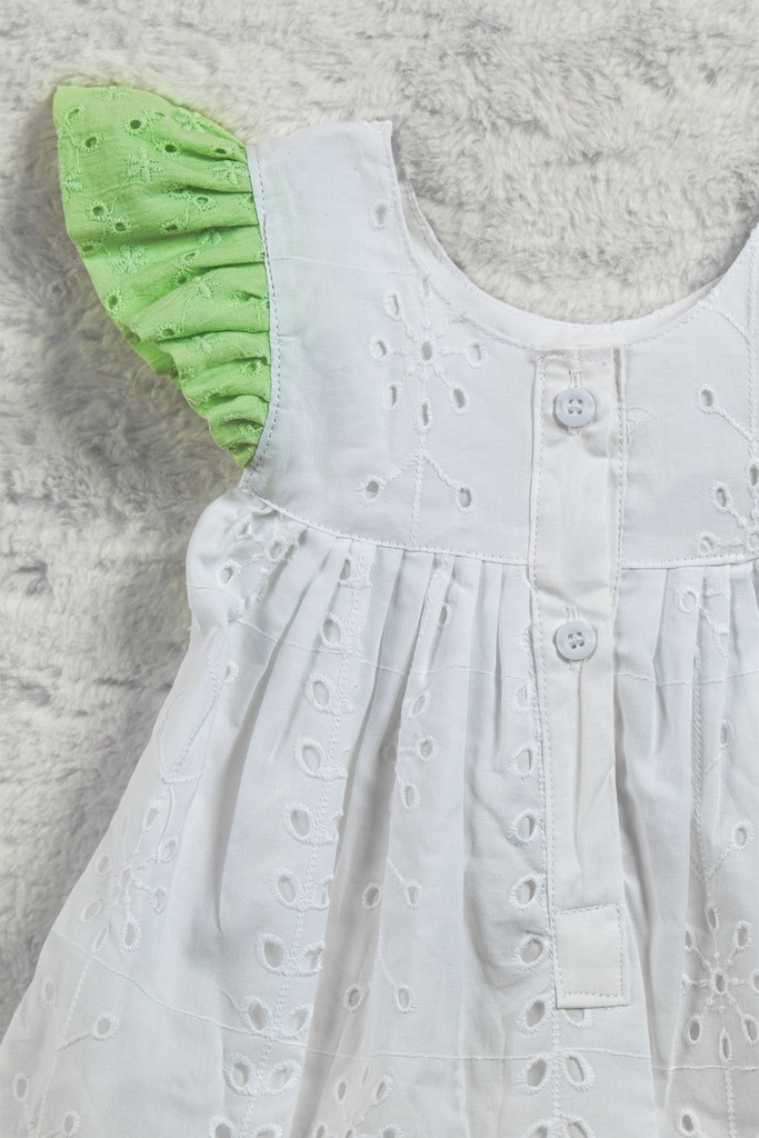 White And Pastel Green Hakoba Ruffled Frock With Butterfly Sleeves