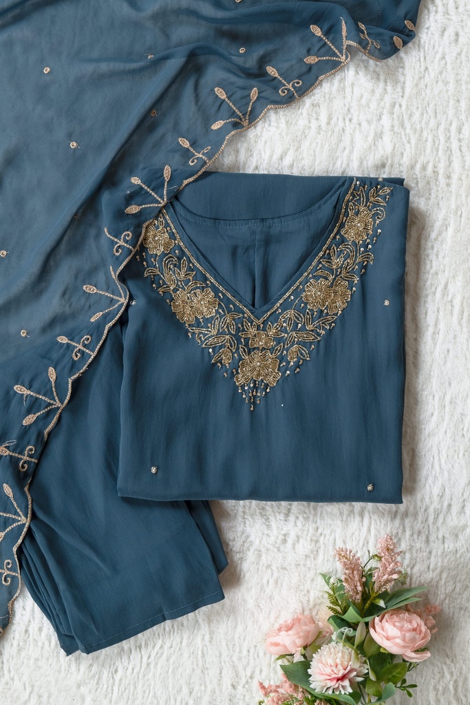 Dark Teal Blue Kurta Set With Beads Work