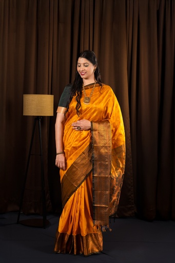 [DT-SAREE-M-ORANGE-0013-TPRA-2024-SUBASH] Mustard Yellow Semi Kanjivaram Soft Silk Saree