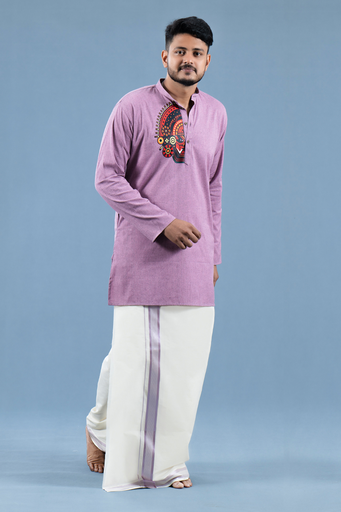 [DT-MUND-M-WHITE-0033-TPRA-2025-SUBASH] Kerala Handloom White Double Dothi With Purple Stripe